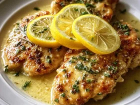 A close-up of golden-brown Lemon Chicken Romano served on a white plate, garnished with fresh lemon slices and herbs, in a savory sauce.