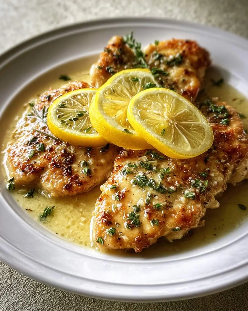 A close-up of golden-brown Lemon Chicken Romano served on a white plate, garnished with fresh lemon slices and herbs, in a savory sauce.