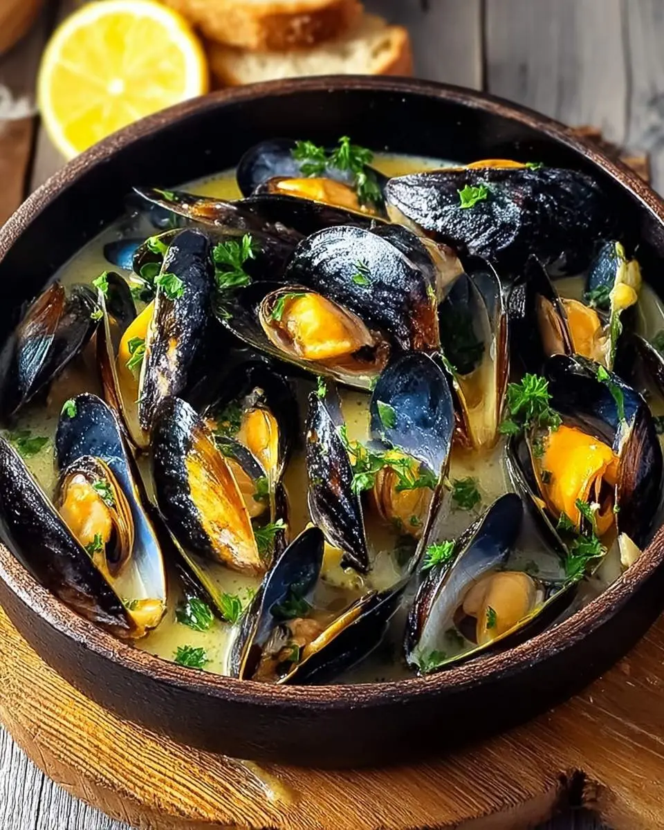 Lemon Garlic Butter Mussels 28 A rustic bowl brimming with Lemon Garlic Butter Mussels, garnished with fresh parsley, served alongside a lemon wedge and toasted bread.