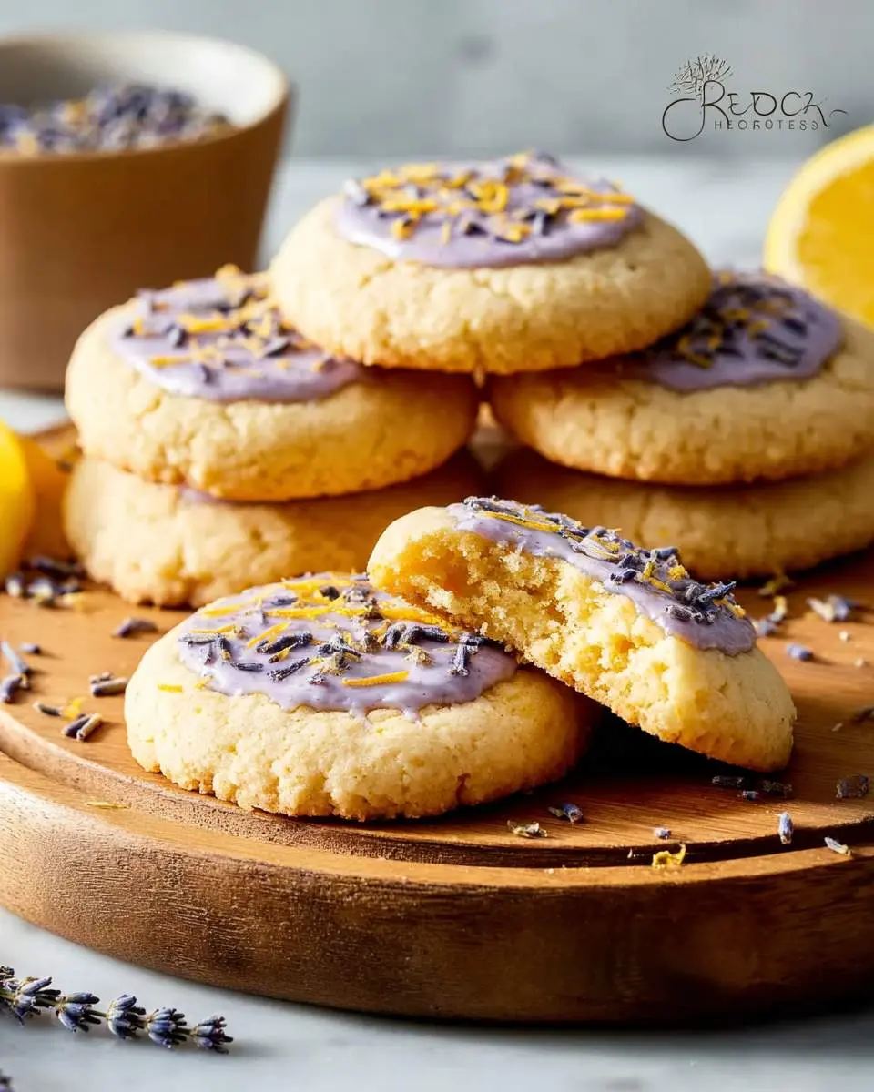 Lemon Lavender Cookies 25 A stack of iced Lemon Lavender Cookies on a wooden board, with one cookie broken open to reveal its soft texture.