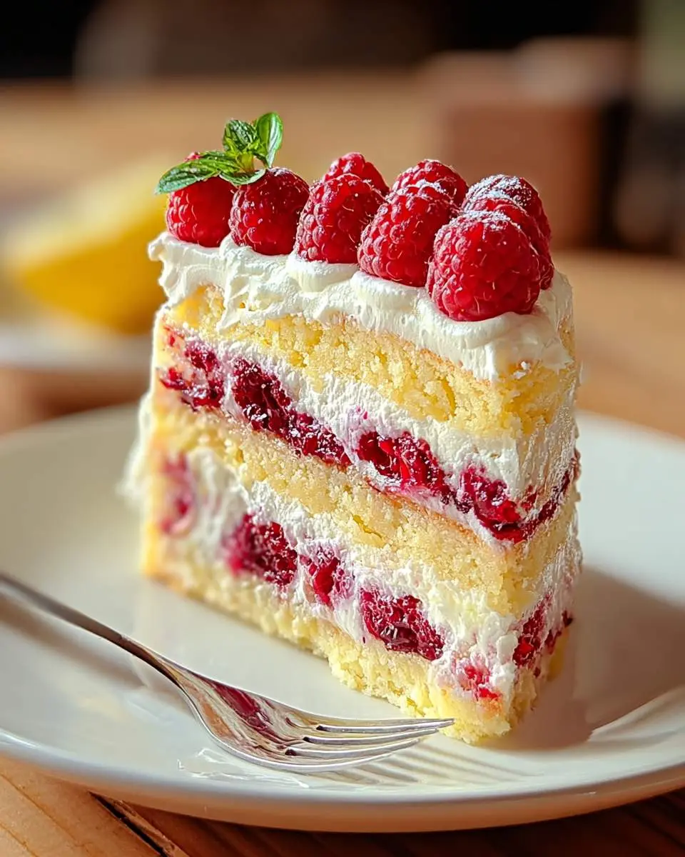 Lemon Raspberry Layer Cake 28 A delicious slice of Lemon Raspberry Layer Cake, featuring light sponge, creamy white frosting, and fresh raspberries, garnished with mint.