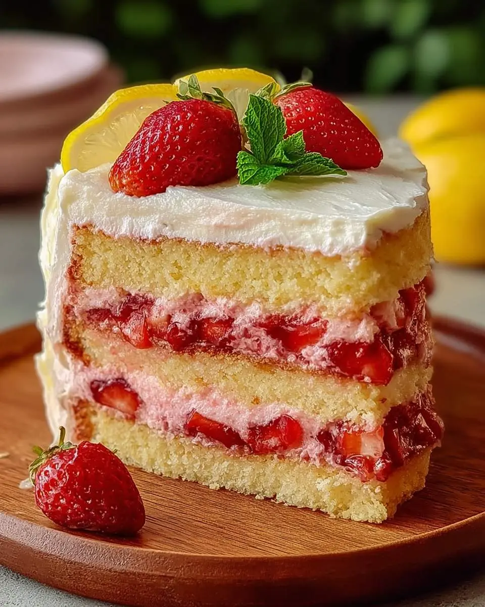 A delicious slice of Lemon Strawberry Cake with layers of yellow cake, strawberry filling, and white frosting, topped with fresh berries and lemon.