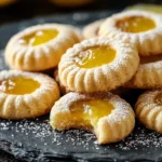 A pile of golden Lemon Thumbprint Cookies filled with bright yellow lemon curd, dusted with powdered sugar, on a dark slate surface.
