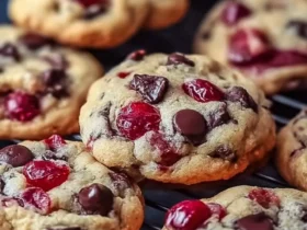 Delicious Maraschino cherry chocolate chip cookies cooling on a wire rack, showcasing their vibrant red cherries and rich chocolate chips.