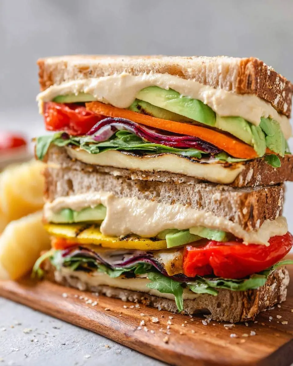 Mediterranean Grilled Vegetable Hummus Sandwich 29 A towering Mediterranean Grilled Vegetable Hummus Sandwich, cut in half, showcasing layers of grilled veggies, avocado, and hummus on whole-grain bread.