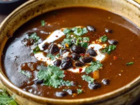 A hearty bowl of Mexican black bean soup, garnished with sour cream, whole black beans, fresh cilantro, and red chili flakes.