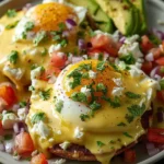 A close-up shot of two delicious plates of Mexican Eggs Benedict topped with poached eggs, hollandaise, pico de gallo, and fresh avocado.