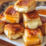 A close-up view of golden-brown Mini Grilled Cheese Hawaiian Rolls piled on a white plate, with gooey melted cheese oozing from the sides.