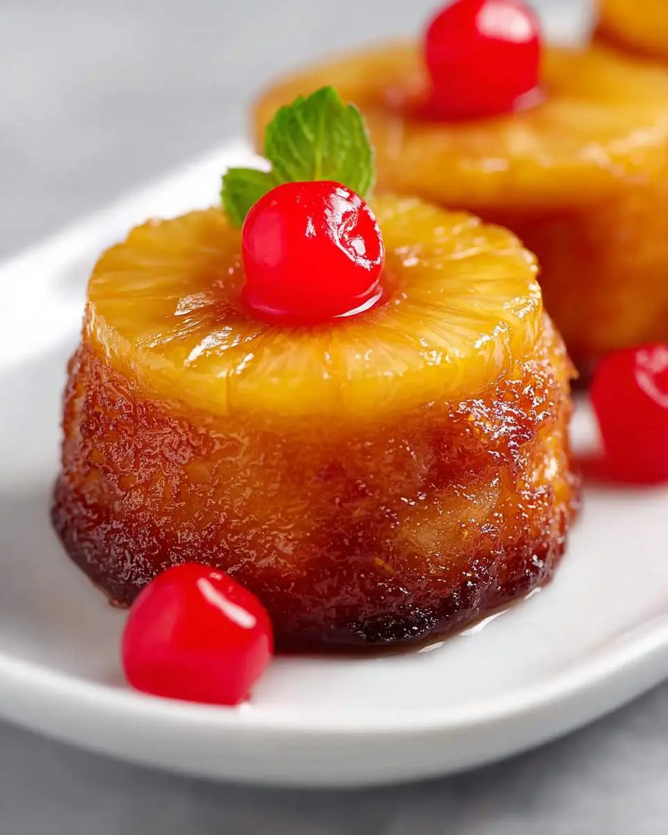 A close-up of a perfectly baked Mini Pineapple Upside-Down Cake, garnished with a maraschino cherry and mint on a white plate.