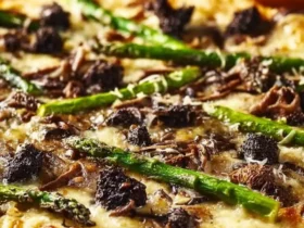A gourmet Morel and Asparagus Pizza, richly topped with green asparagus spears and dark morel mushrooms on a wooden surface.