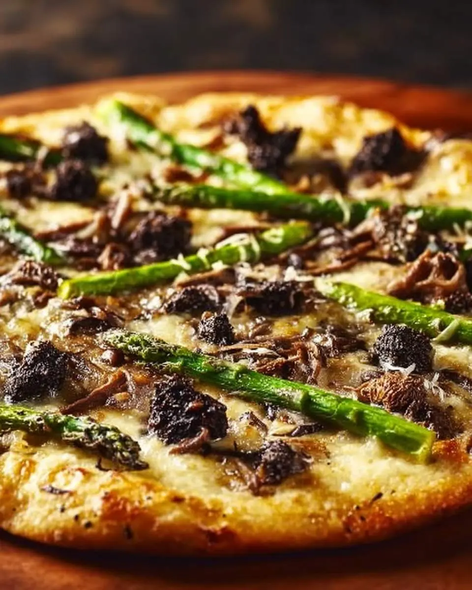 Morel and Asparagus Pizza 28 A gourmet Morel and Asparagus Pizza, richly topped with green asparagus spears and dark morel mushrooms on a wooden surface.