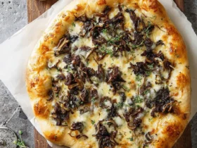 A delicious golden-crusted morel mushroom pizza topped with melted cheese, fresh thyme, and roasted garlic on a wooden board.