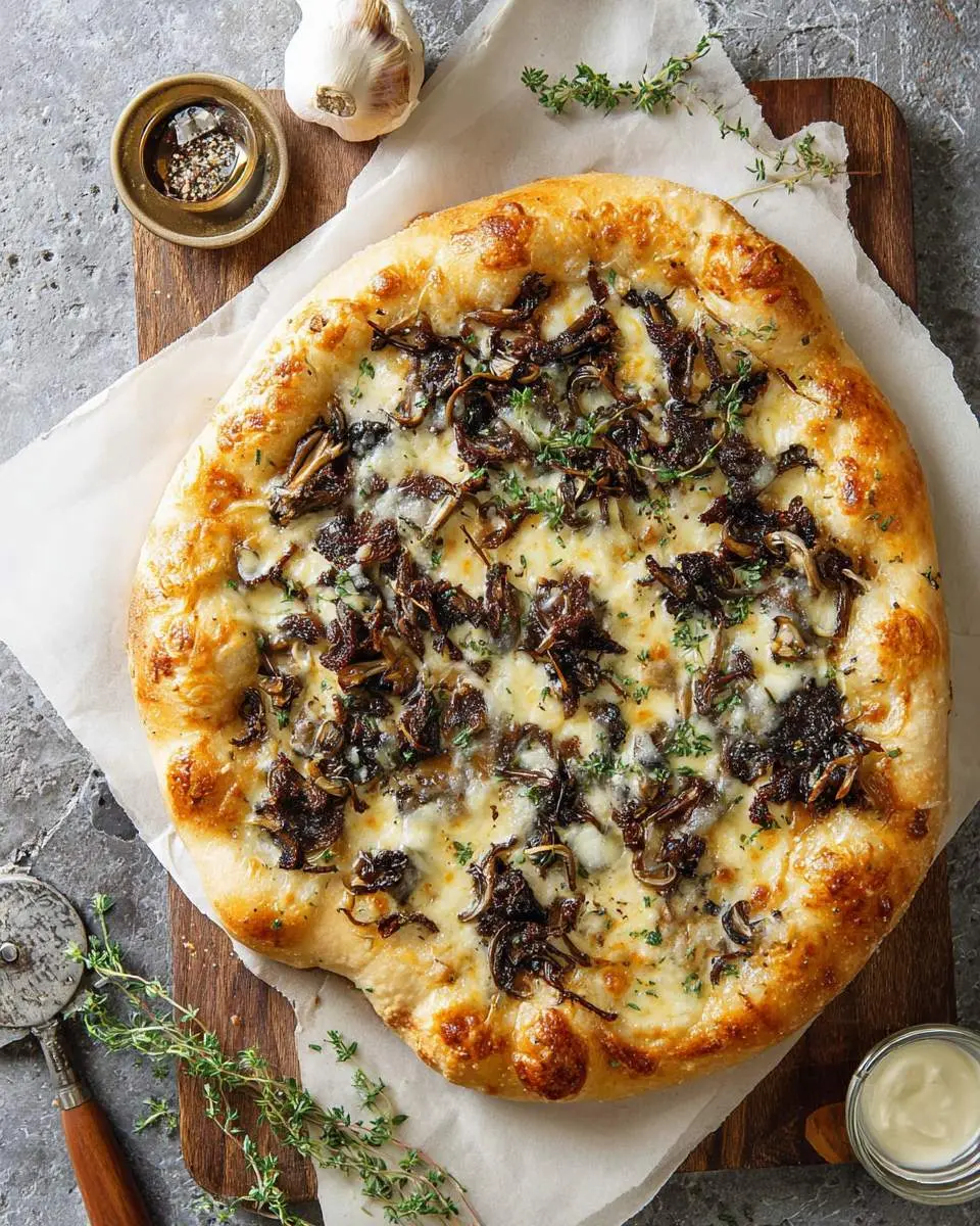 A delicious golden-crusted morel mushroom pizza topped with melted cheese, fresh thyme, and roasted garlic on a wooden board.