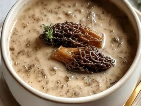 Creamy morel mushroom soup in a white bowl, garnished with whole morels and fresh thyme, on a light wooden surface.