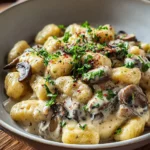 A close-up shot of a bowl filled with creamy Mushroom Gnocchi with Parmesan Cream Sauce, garnished with fresh herbs and red pepper flakes.