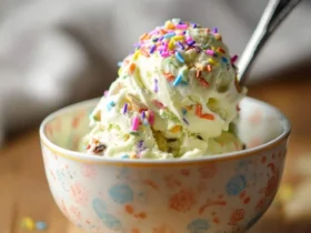 A bowl of creamy Ninja Creami Birthday Cake Ice Cream, topped with colorful sprinkles, with a spoon resting inside.