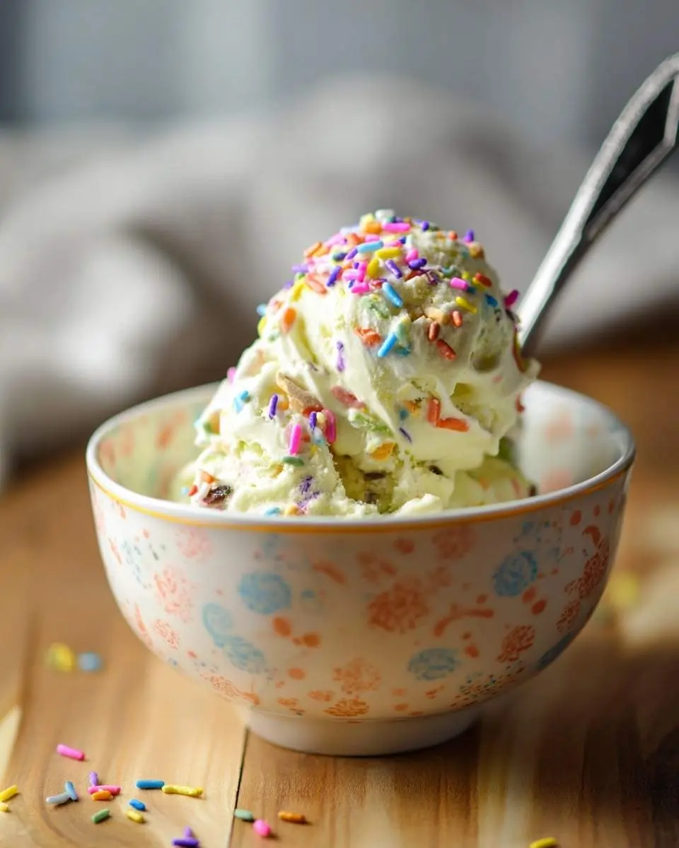 Ninja Creami Birthday Cake Ice Cream 29 A bowl of creamy Ninja Creami Birthday Cake Ice Cream, topped with colorful sprinkles, with a spoon resting inside.
