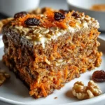 A delicious slice of Oatmeal Carrot Cake Recipe, topped with creamy frosting, oats, shredded carrots, raisins, and walnuts on a white plate.
