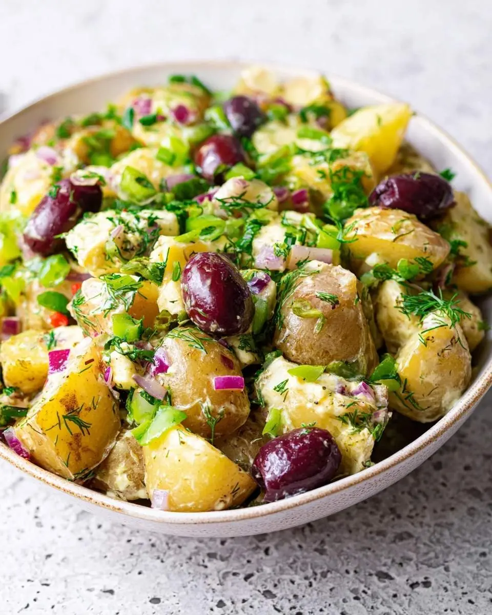 Olive Greek Potato Salad 29 A vibrant bowl of Olive Greek Potato Salad, featuring tender new potatoes, dark olives, red onion, and fresh dill, dressed in a creamy sauce.