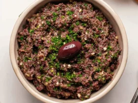A bowl of rich olive tapenade, garnished with a whole dark olive and fresh herbs, served alongside slices of crusty bread.