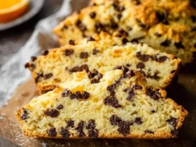 Sliced Orange Chocolate Chip Scone Bread on a wooden board, showcasing its moist crumb filled with chocolate chips.