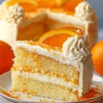 A delicious slice of Orange Creamsicle Cake topped with whipped cream, orange slices, and zest, with the full cake in the background.
