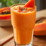 A refreshing glass of vibrant orange papaya smoothie, garnished with fresh papaya and black seeds, on a wooden surface.