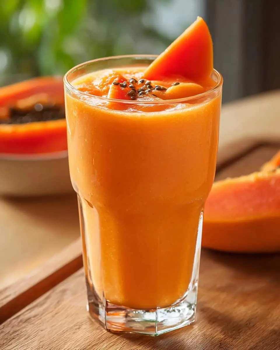 A refreshing glass of vibrant orange papaya smoothie, garnished with fresh papaya and black seeds, on a wooden surface.