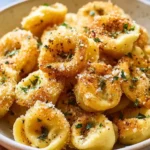 A close-up of a bowl brimming with golden-brown, crispy Parmesan Crusted Tortellini Bites, garnished with parsley and cheese.