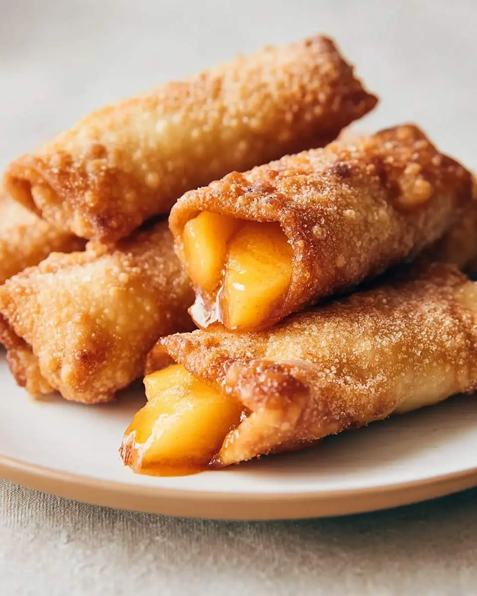 Close-up of golden-brown peach cobbler egg rolls, with a gooey peach filling visible, dusted with cinnamon sugar.