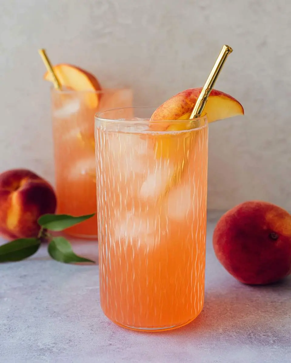 Two refreshing glasses of peach lemonade with ice, peach slices, and gold straws on a light background, with fresh peaches nearby.