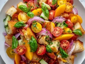 Colorful Peach Panzanella Salad with toasted bread, heirloom tomatoes, red onion, cucumber, and fresh basil in a white bowl.