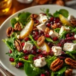 A vibrant Pear and Goat Cheese Salad on a white plate, featuring fresh greens, pomegranate seeds, and crunchy pecans.