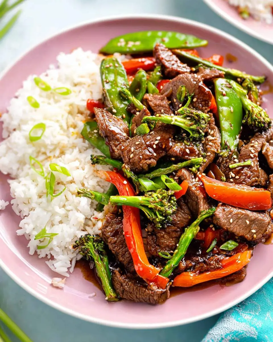 Pepper Steak Stir Fry 28 A delicious plate of Pepper Steak Stir Fry with tender beef, red peppers, broccoli, and snap peas served alongside white rice.