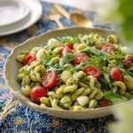 A close-up of a vibrant Pesto Pasta Salad in a bowl, featuring orecchiette pasta, cherry tomatoes, fresh mozzarella, and arugula.