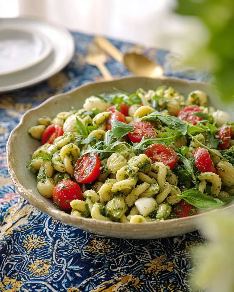 A close-up of a vibrant Pesto Pasta Salad in a bowl, featuring orecchiette pasta, cherry tomatoes, fresh mozzarella, and arugula.