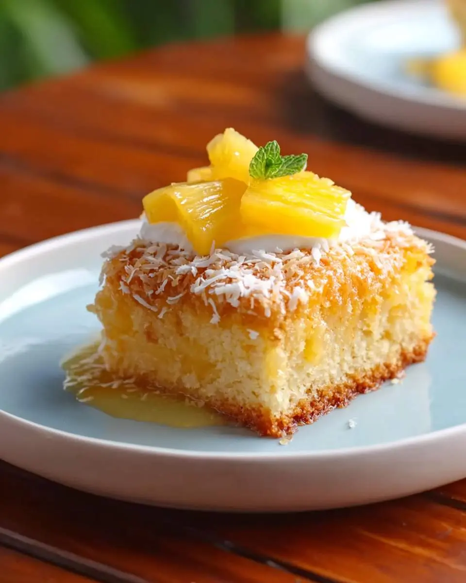 Pineapple Coconut Cake 28 A delicious slice of Pineapple Coconut Cake, garnished with diced pineapple, whipped cream, shredded coconut, and a mint leaf, served on a light blue plate.