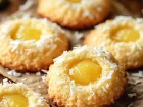 Close-up of several delicious pineapple coconut thumbprint cookies with golden edges and pineapple filling, sprinkled with shredded coconut.