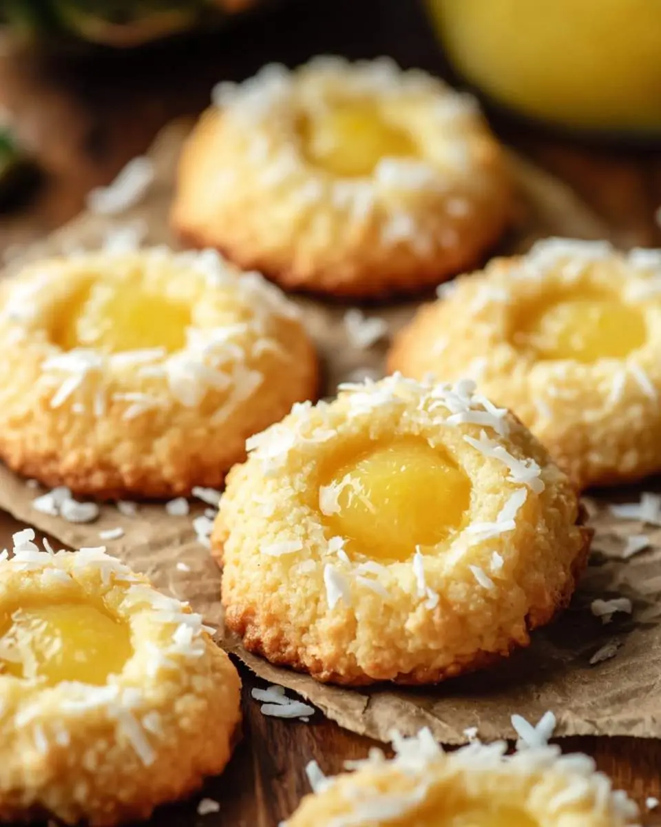 Close-up of several delicious pineapple coconut thumbprint cookies with golden edges and pineapple filling, sprinkled with shredded coconut.