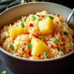 A close-up of a bowl filled with golden Pineapple Rice, garnished with fresh pineapple chunks and chopped green onions.