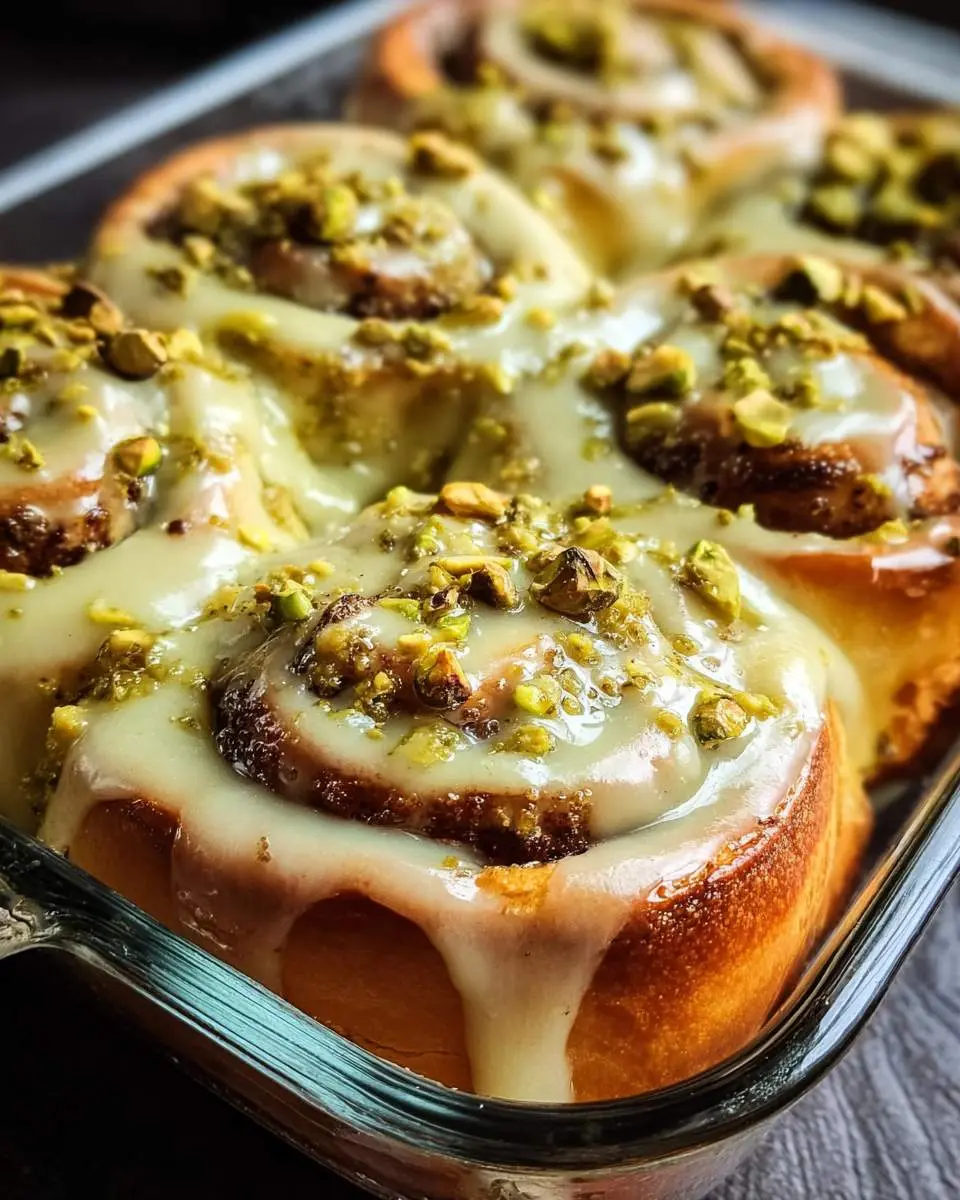 Pistachio Cream Cinnamon Rolls 29 Freshly baked Pistachio Cream Cinnamon Rolls topped with sweet glaze and crushed pistachios in a glass baking dish.
