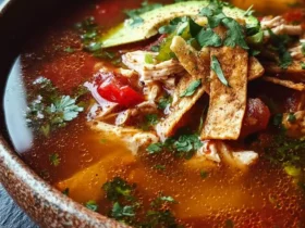 Poblano Chicken Tortilla Soup 41 A hearty bowl of flavorful Poblano Chicken Tortilla Soup garnished with fresh avocado, cilantro, and crispy tortilla strips.
