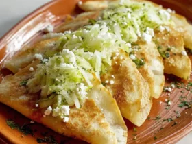 Close-up of crispy, golden Potato Quesadillas topped with fresh shredded lettuce and crumbled white cheese on a rustic terracotta plate.