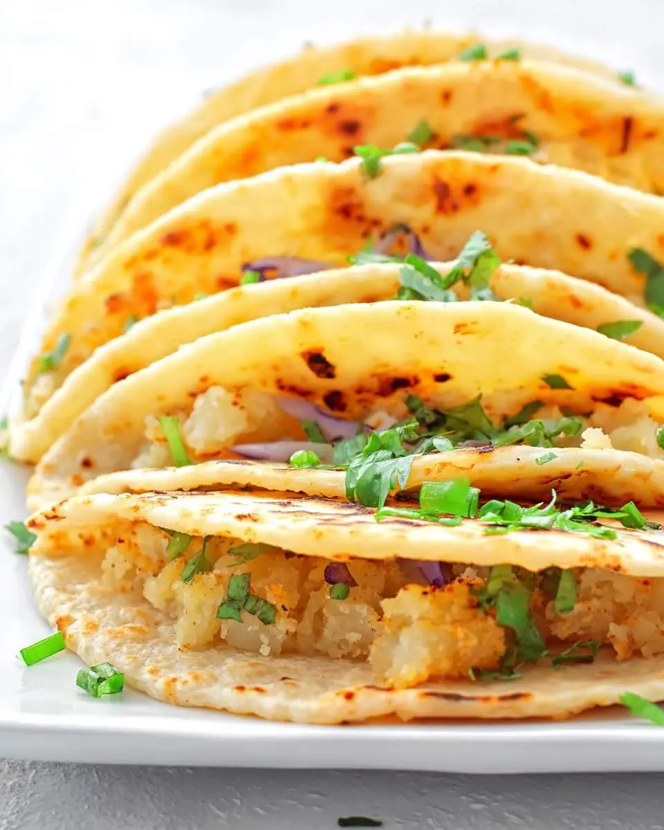 A close-up view of golden-brown potato tacos filled with seasoned potatoes, red onions, and fresh cilantro, served on a white plate.