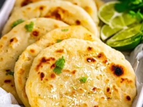Golden brown pupusas, garnished with cilantro and white shreds, served with lime wedges in a white dish. Explore this delightful Pupusa Recipe.