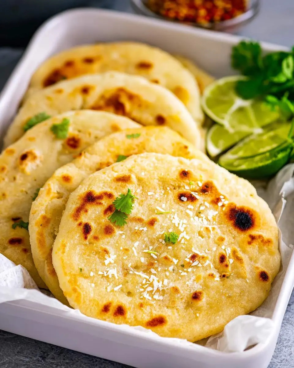 Golden brown pupusas, garnished with cilantro and white shreds, served with lime wedges in a white dish. Explore this delightful Pupusa Recipe.