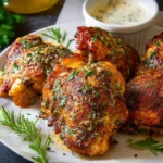 A plate of golden brown, crispy Ranch Chicken Thighs Bake garnished with fresh parsley and rosemary, served with a creamy dipping sauce.