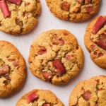 A top-down view of several freshly baked rhubarb cookies with visible red rhubarb pieces on a light background.