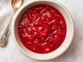 A white bowl filled with vibrant red, chunky Rhubarb Sauce sits on a light textured surface next to a vintage bronze spoon and a white cloth.