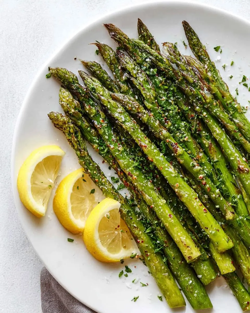 Roasted Asparagus with Lemon 28 A plate of perfectly cooked Roasted Asparagus with Lemon, garnished with fresh herbs and sea salt.